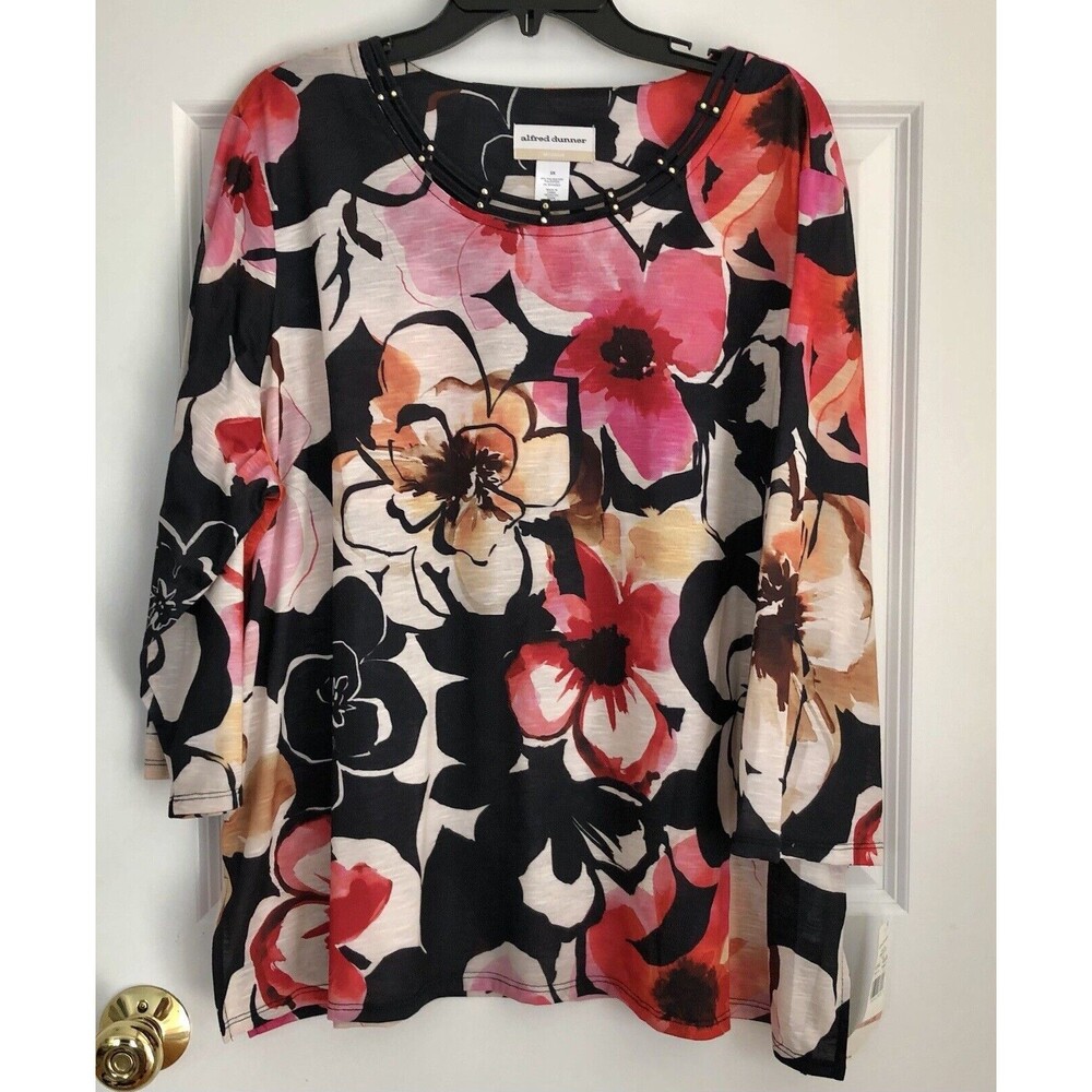 Alfred Dunner Sizes PM/ PLBlouse Big Floral Multicolor Doble Strap Crew Neck